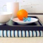 Wide - XL size - Laptop Lap Desk or Breakfast serving Tray - Black with Aqua and Grey stripes- Custom Order