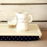 Wooden Laptop Lap Desk or Breakfast serving Tray - Ecru white with Black and Blue polka dot fabric - Custom Order