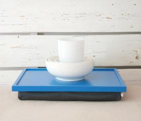  Bright blue Laptop Lap Desk or Breakfast serving Tray - with Grey Linen Pillow
