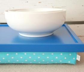  iPad stable table or Laptop Lap Desk without edges - Bright Blue with Aqua Polka Dot pillow- Custom Order