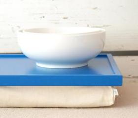  Bright blue Laptop Lap Desk or Breakfast serving Tray - with off white Linen Pillow