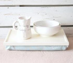 Laptop Lap Desk or Breakfast serving Tray - Off white with Sky Blow Floral print Pillow- Custom Order