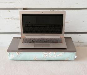 Laptop Lap Desk or Breakfast serving Tray without borders - Off White with Sky Blue Aqua Floral Pillow