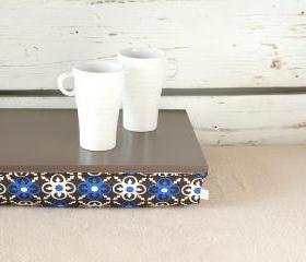 I- Pad stable table or Laptop Lap Desk without edges -Greyish brown with Brown and Blue Mediterranean print lycra Pillow