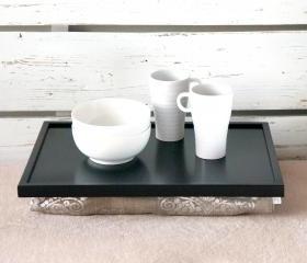 Laptop Lap Desk or Breakfast serving Tray, Stable table - Black with Natural brown pillow printed with shinny silver print