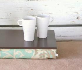 I- Pad stable table or Laptop Lap Desk without edges - Greyish brown with light mint, brown and ivory linen pillow