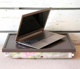 Laptop Lap Desk or Breakfast serving Tray - Greyish brown with Rose Floral print Pillow