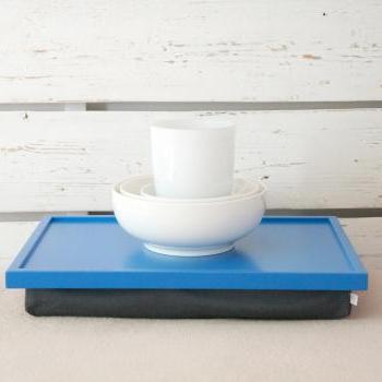  Bright blue Laptop Lap Desk or Breakfast serving Tray - with Grey Linen Pillow