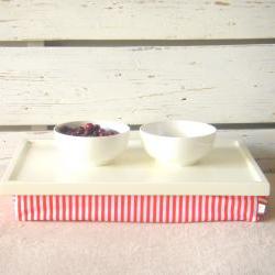  Laptop Lap Desk or Breakfast serving Tray - Off White with White and Orange Striped Lycra Pillow