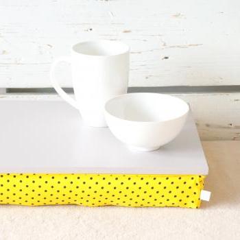 I- Pad stable table or Laptop Lap Desk without edges - Grey with yellow and black polka dots pillow- Custom Order