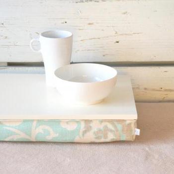 I- Pad stable table or Laptop Lap Desk without edges - Off White with light mint, brown and ivory linen pillow