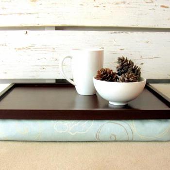 Computer pillow tray - Dark Brown with sky blue floral cushion- Custom Order