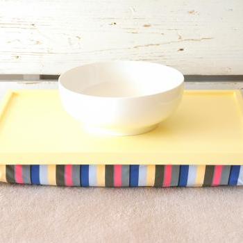Laptop Lap Desk or Breakfast serving Tray - Soft Yellow with Multicolor Lycra Pillow